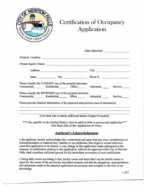 First page of the Certificate of Occupancy Application