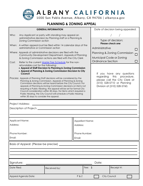 First page of the Planning & Zoning Appeal Form