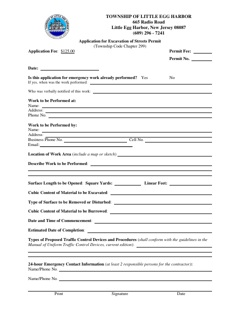 First page of the Application for Excavation of Streets Permit