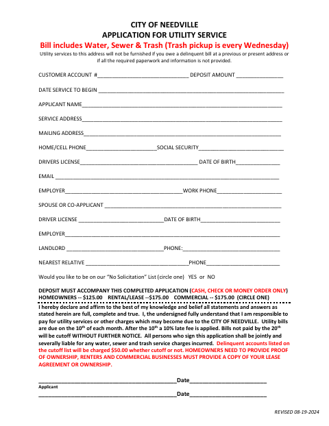 First page of the Application for Utility Service