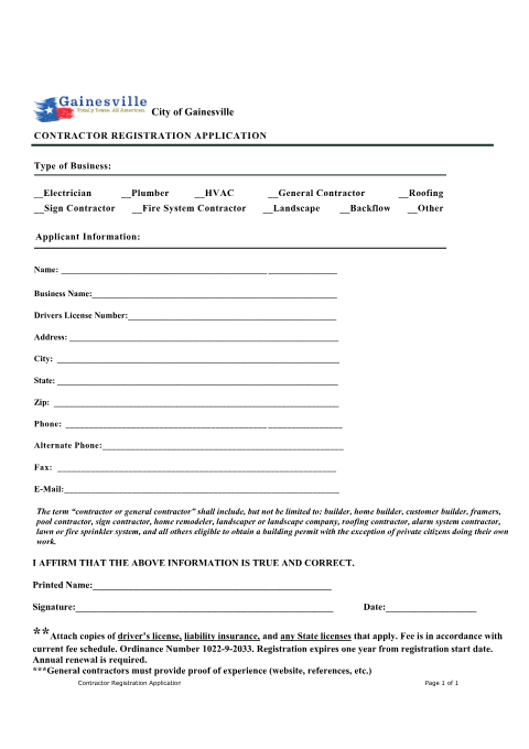 First page of the Contractor Registration Application