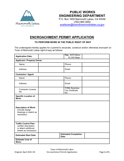 First page of the Encroachment Permit Application