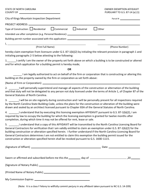 First page of the Owner Exemption Affidavit