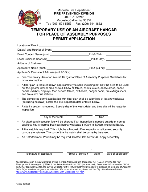 First page of the Temporary Aircraft Hangar Assembly Use Permit Application