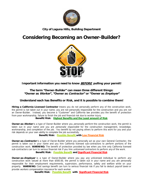 First page of the Owner-Builder Verification Form