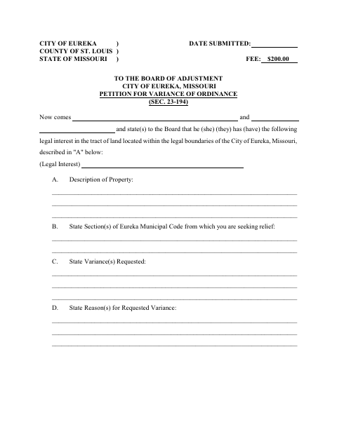 First page of the Board of Adjustment Variance Petition