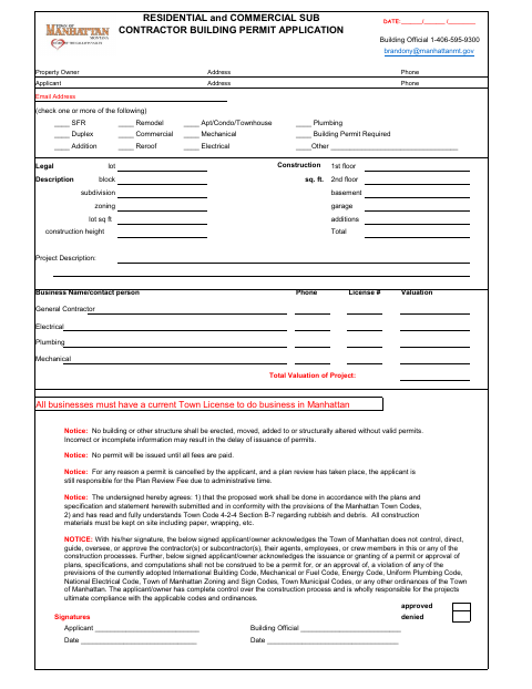 First page of the Residential and Commercial Sub Contractor Building Permit Application