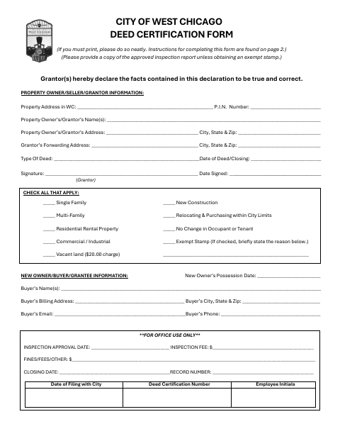 First page of the Deed Certification Form