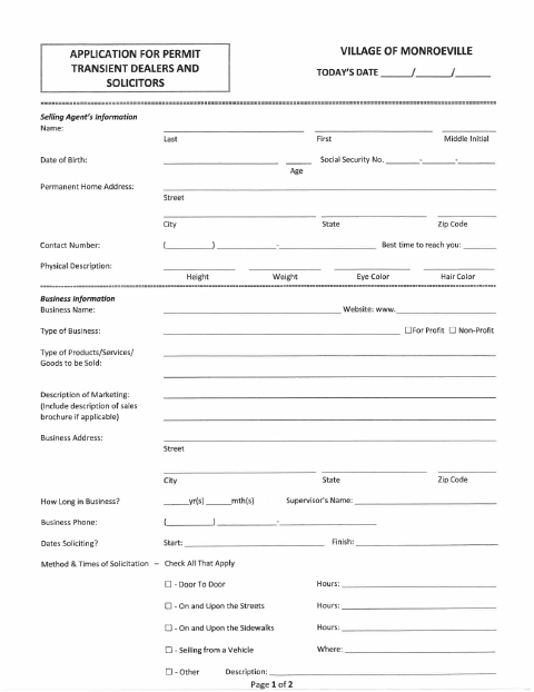 First page of the Transient Dealers and Solicitors Permit Application