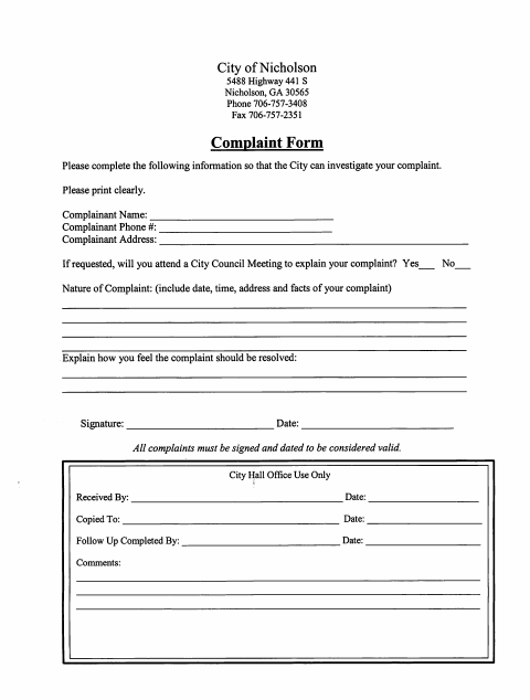 First page of the Complaint Form