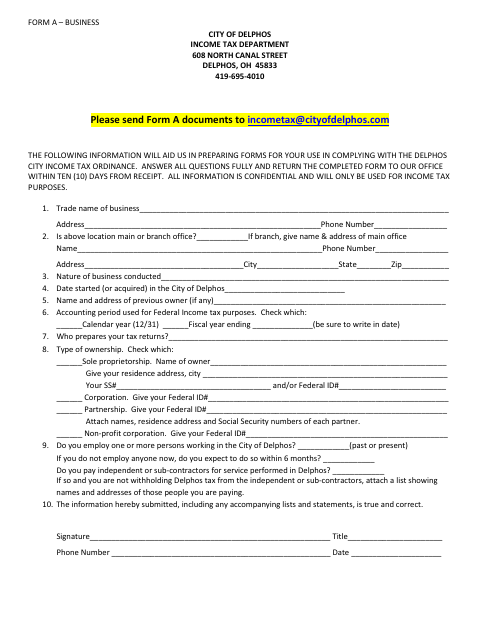 First page of the Form A – Business Registration
