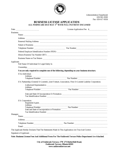 First page of the Business License Application