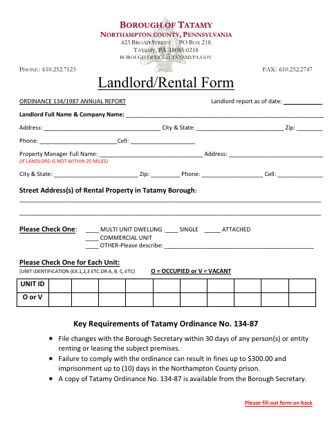First page of the Landlord/Rental Form