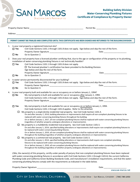 First page of the Water-Conserving Plumbing Fixtures Certificate of Compliance by Property Owner