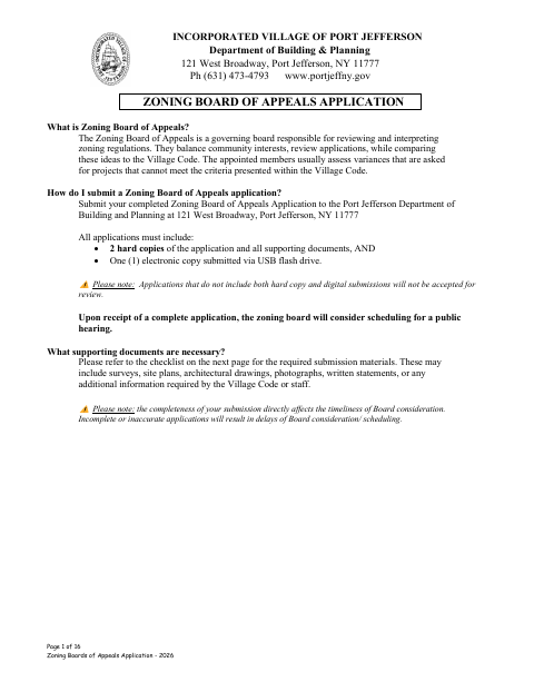 First page of the Zoning Board of Appeals Application