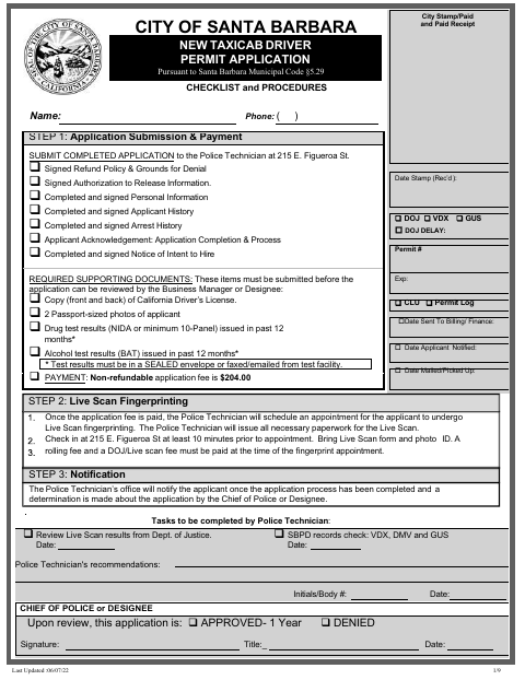 First page of the New Taxicab Driver Permit Application