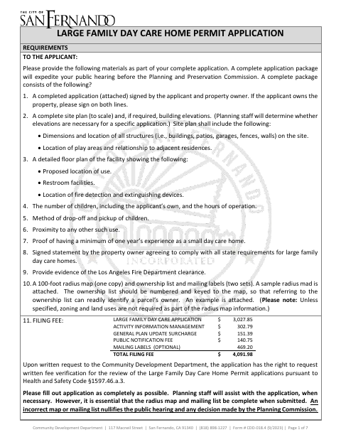 First page of the Large Family Day Care Home Permit Application