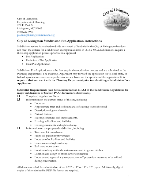 First page of the Subdivision Pre-Application