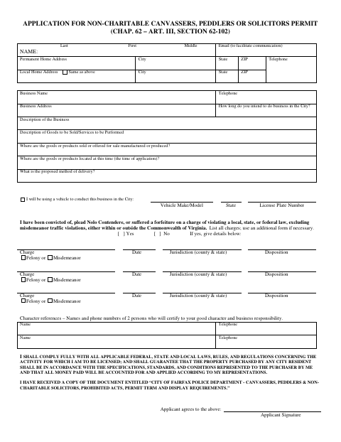 First page of the Non-Charitable Canvassers, Peddlers or Solicitors Permit Application