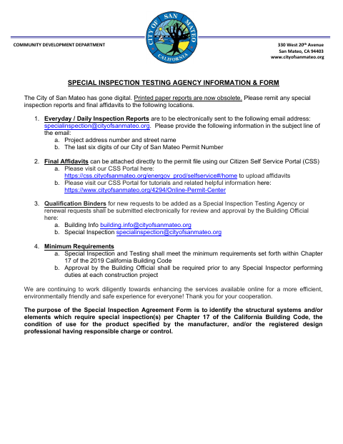 First page of the Special Inspection Agreement Form