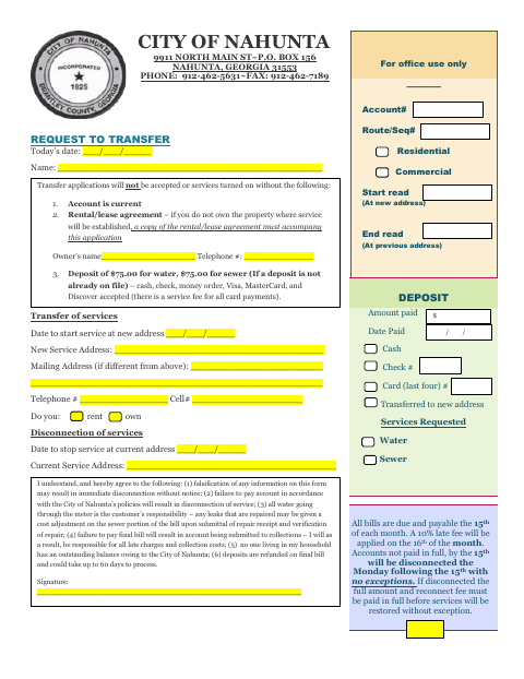 First page of the Water and Sewer Service Transfer Request