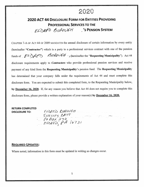 First page of the Act 44 Contractor Disclosure Form