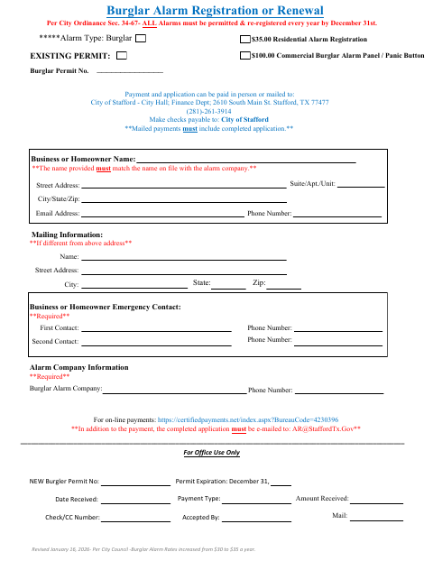 First page of the Burglar Alarm Registration or Renewal