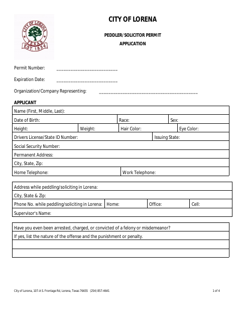 First page of the Peddler/Solicitor Permit Application