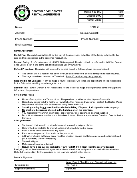 First page of the Civic Center Rental Agreement