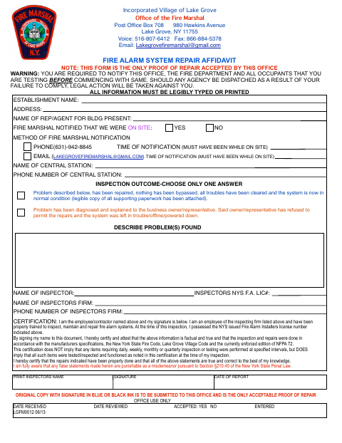 First page of the Fire Alarm System Repair Affidavit