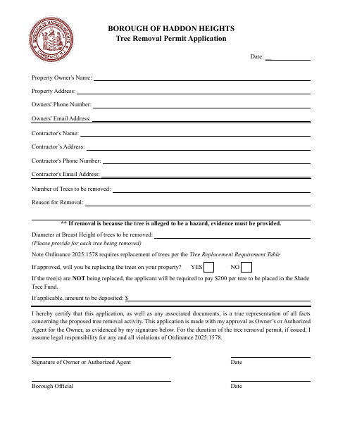 First page of the Tree Removal Permit Application