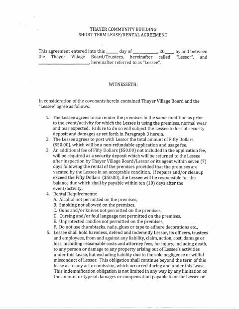 First page of the Community Building Short-Term Lease/Rental Agreement