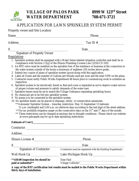 First page of the Application for Lawn Sprinkler System Permit