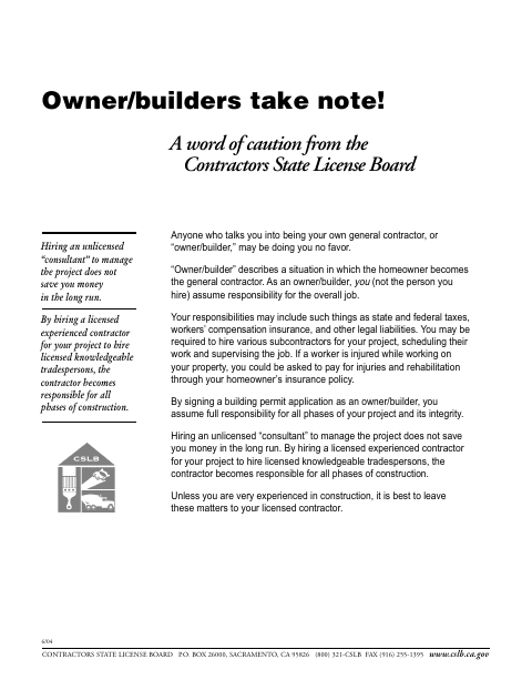 First page of the Owner-Builder Property Owner's Package