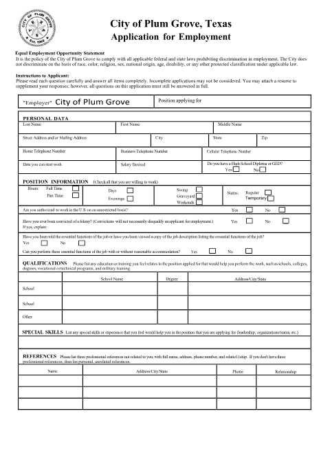 First page of the Application for Employment
