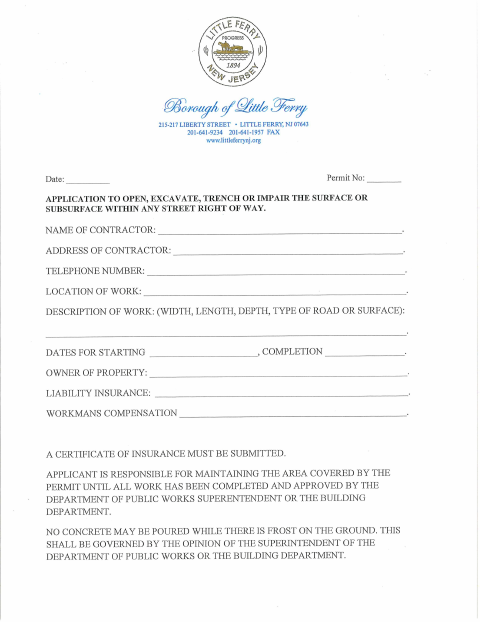 First page of the Road Opening Permit Application