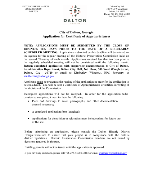 First page of the Application for Certificate of Appropriateness