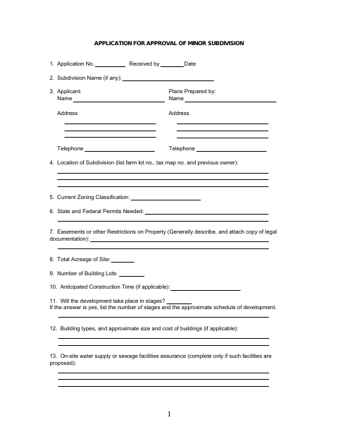 First page of the Application for Approval of Minor Subdivision