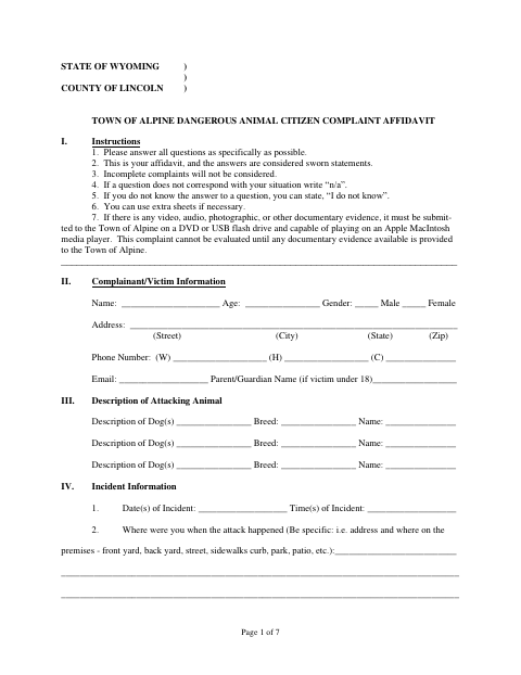 First page of the Dangerous Animal Citizen Complaint Affidavit