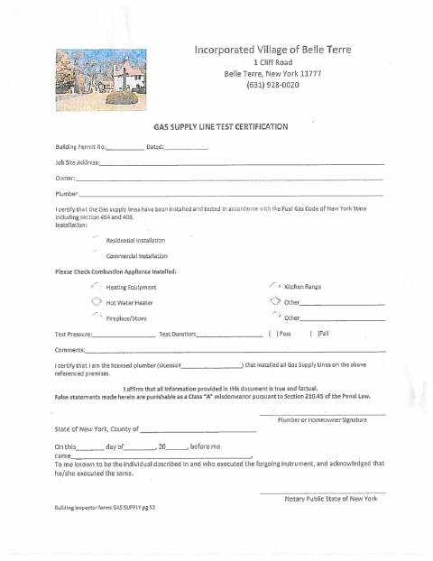 First page of the Gas Supply Line Test Certification
