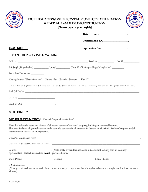 First page of the Rental Property Application & Initial Landlord Registration