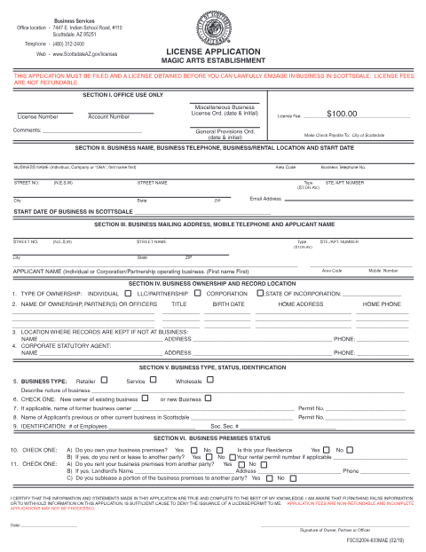 First page of the Magic Arts Establishment Application