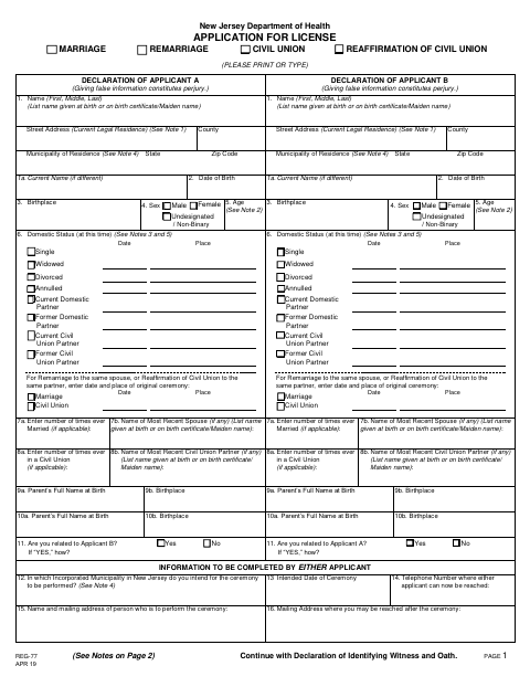 First page of the Marriage, Remarriage, Civil Union, or Reaffirmation License Application