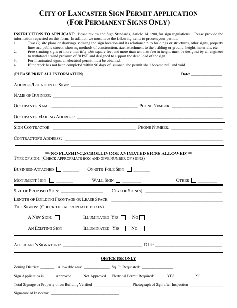 First page of the Sign Permit Application (Permanent Signs Only)