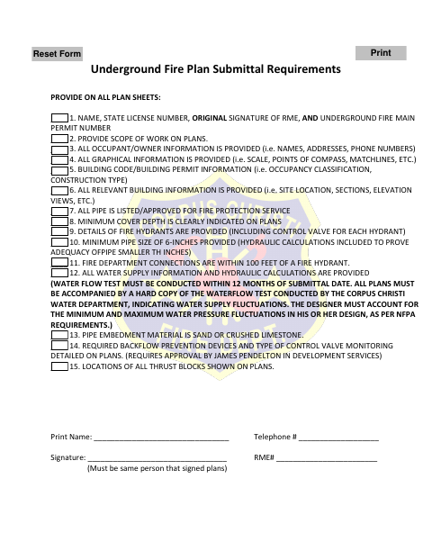 First page of the Underground Fire Plan Submittal Requirements