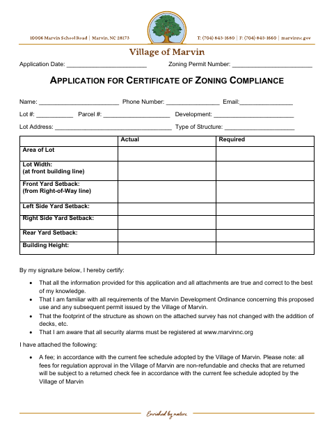First page of the Application for Certificate of Zoning Compliance