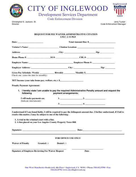 First page of the Request for Fee Waiver – Administrative Citation