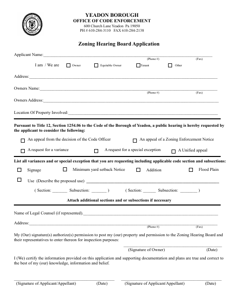 First page of the Zoning Hearing Board Application