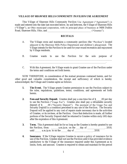 First page of the Community Pavilion Use Agreement