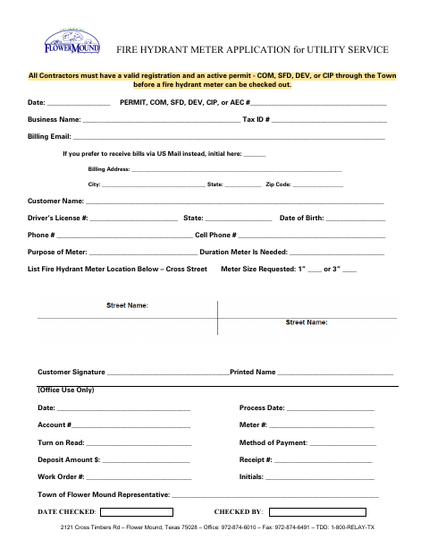 First page of the Fire Hydrant Meter Application for Utility Service